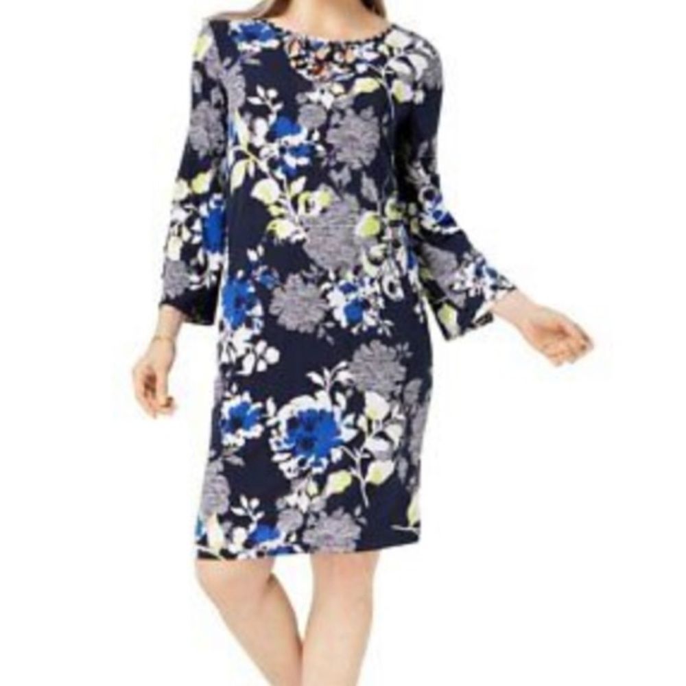 Alfred Dunner Floral Navy Shift Dress Knee length Women’s 3/4 Sleeve Size 14